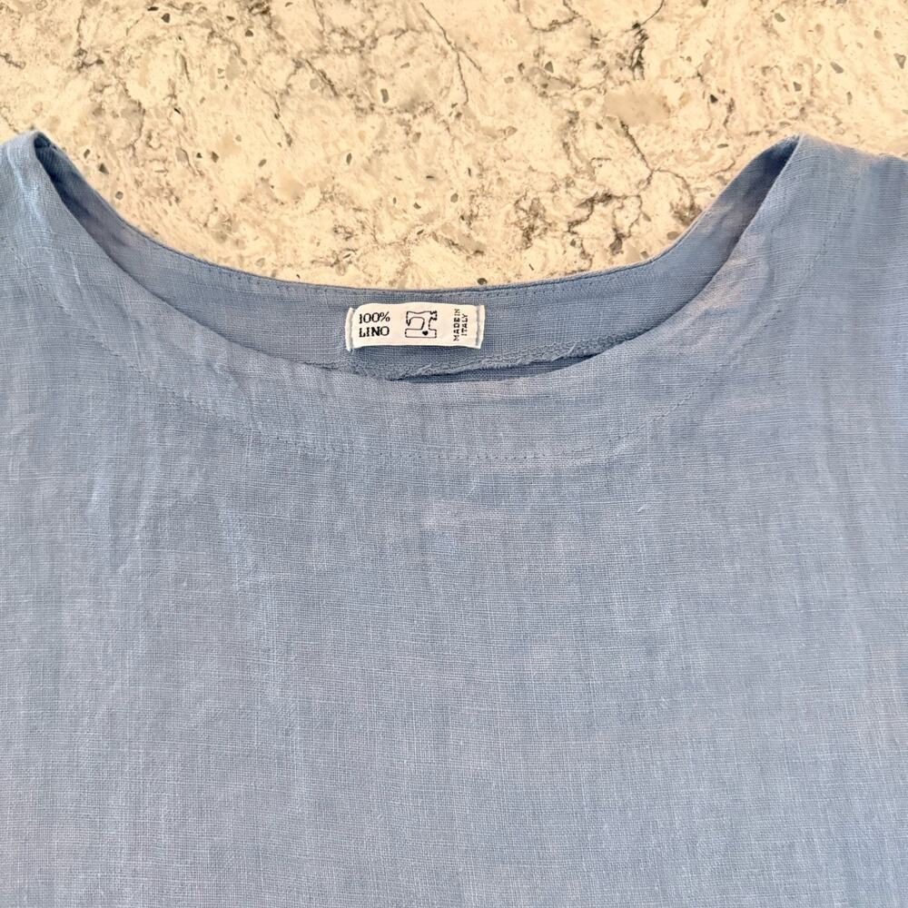 Made in Italy Linen Boxy Crop Top OS S M L Blue Boat Neck Short Sleeve NWOT - Picture 5 of 10